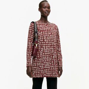 MARIMEKKO Shirt Womens XS Burgundy Tan Juurilla Iso Orkanen Long Sleeve Tunic